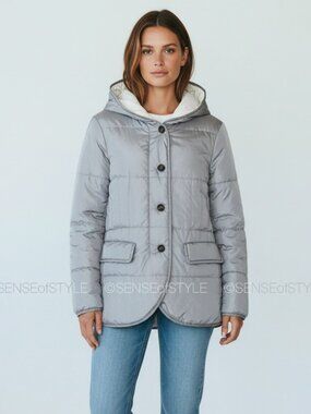 Brunello Cucinelli Jacket Silver Gray Down Monili Trim Hood Puffer Size 42 M 6